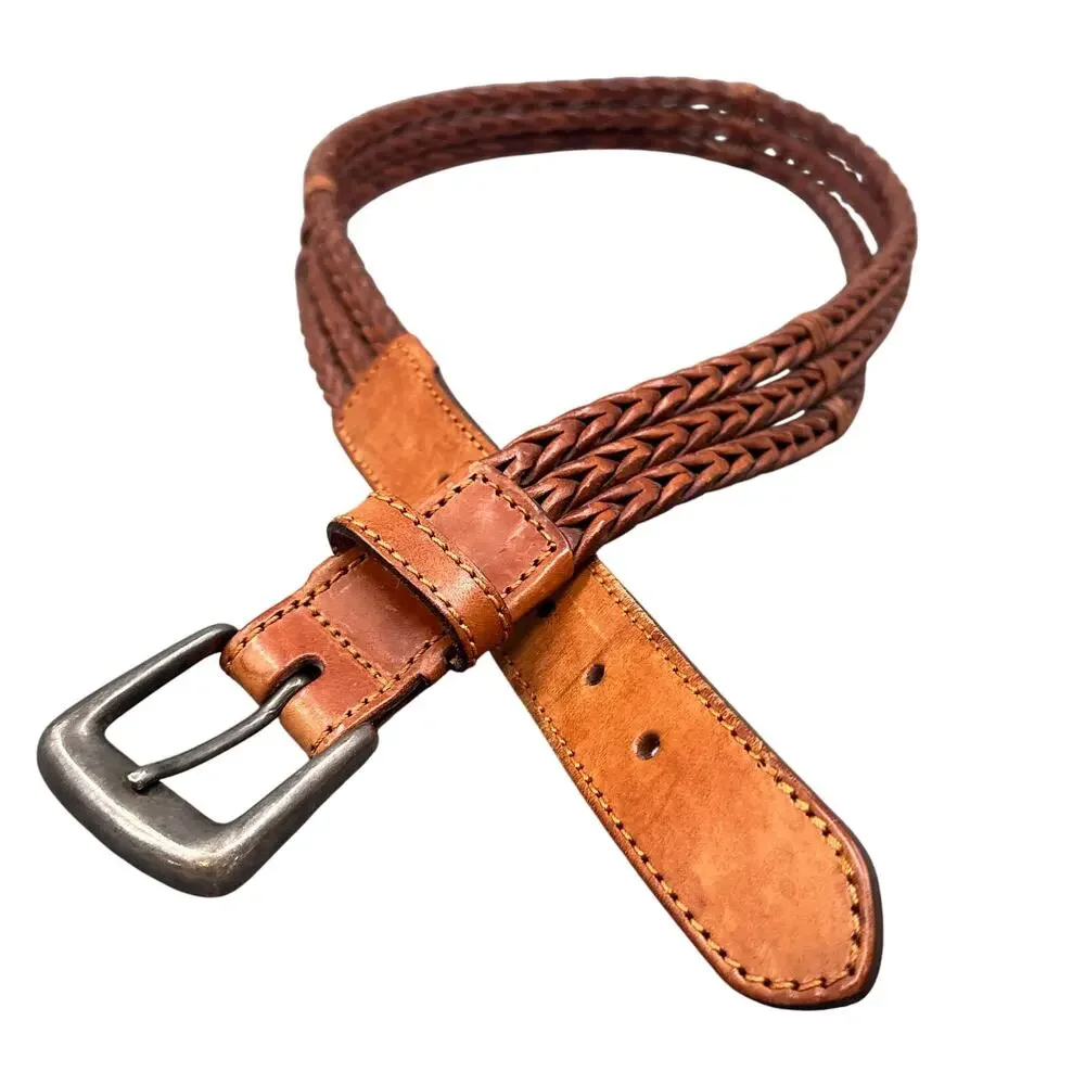 Billy Belt’s Calif Leather Belt 34 Brown Braided Woven Brass Buckle Vintage Boho